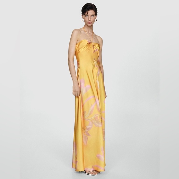 mango halterneck satin midi dress in yellow Mango halterneck satin midi dress in yellow